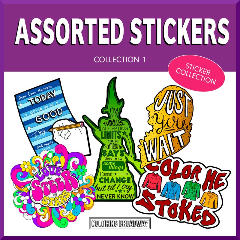 Coloring Broadway - Wicked, Hamilton, Dear Evan Hansen, Hair & Heathers Inspired Stickers (Set of 5), Broadway Musical Merchandise, Die-Cut & Bubble Free Vinyl, Ideal Gift for Theatre Lovers - Image 1